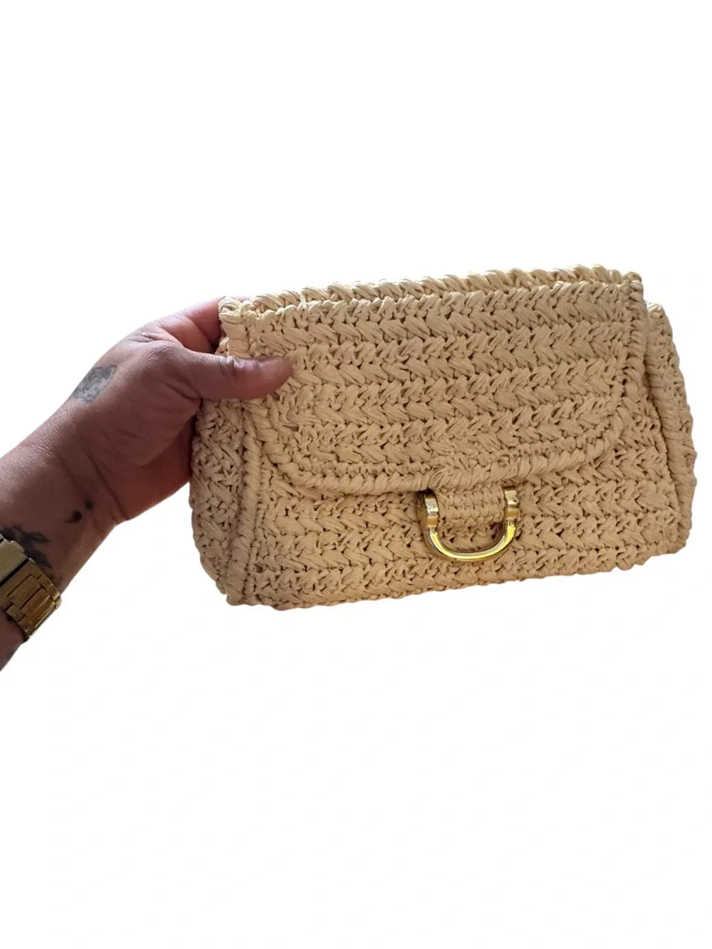Dorette Vintage Made in Japan Woven Straw Clutch Bag with Gold D-Ring Closure